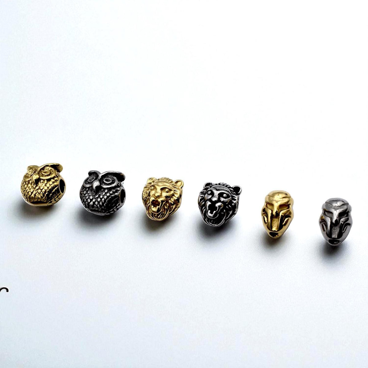 Steel Bead Owl Lion Iron Man: Gold Silver Gunmetal Charms, Stainless Steel, Durable Metal Beads | Unisex Set, 3 Pieces