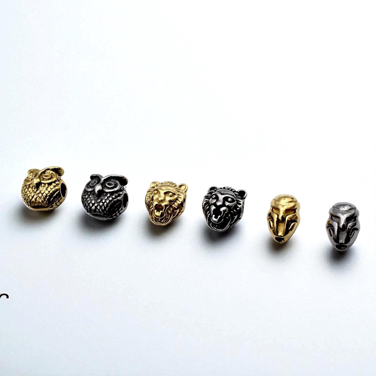 Steel Bead Owl Lion Iron Man: Gold Silver Gunmetal Charms, Stainless Steel, Durable Metal Beads | Unisex Set, 3 Pieces