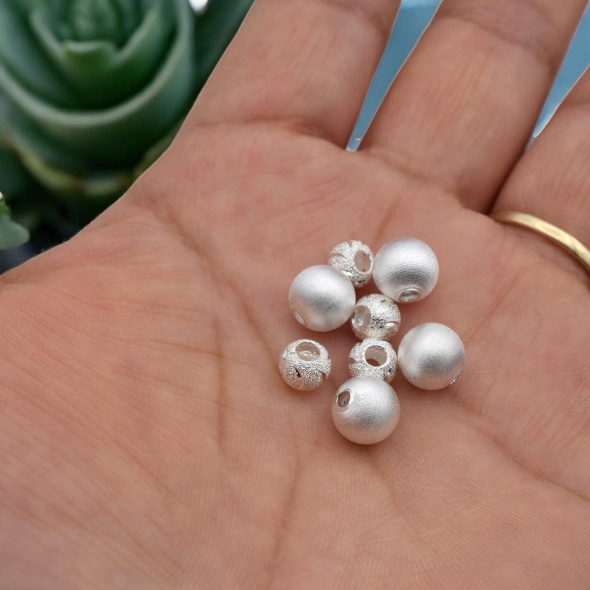 925 Sterling Silver Big Hole Beads, Stardust and Satin Texture (6mm & 8mm Sizes, Round Spacer, Jewelry Making Supplies)