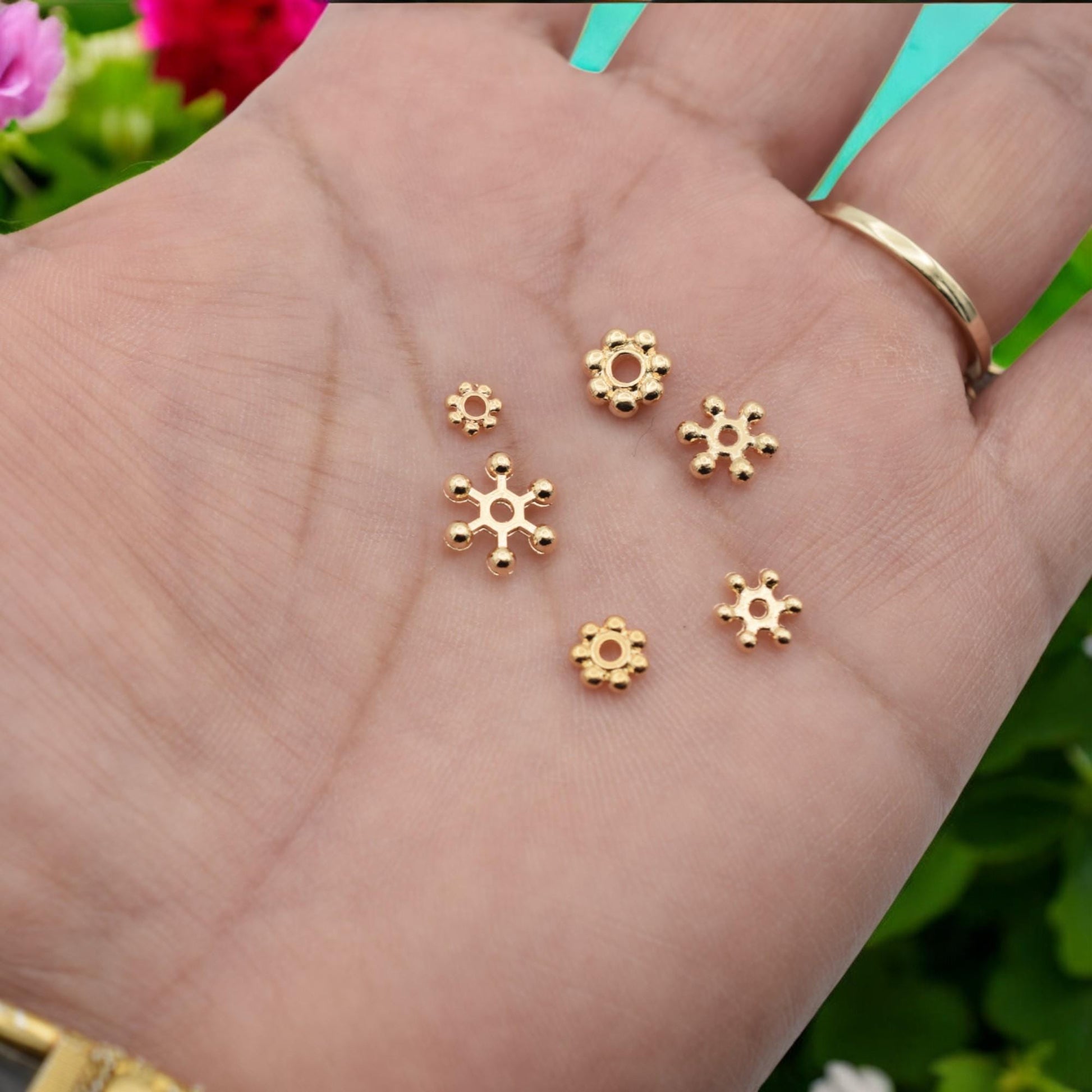 Daisy Flower Gold Filled Look Electroplated Copper Beads, Roundel Spacers (5-10mm Sizes, Tarnish Resistant, Jewelry Crafting)