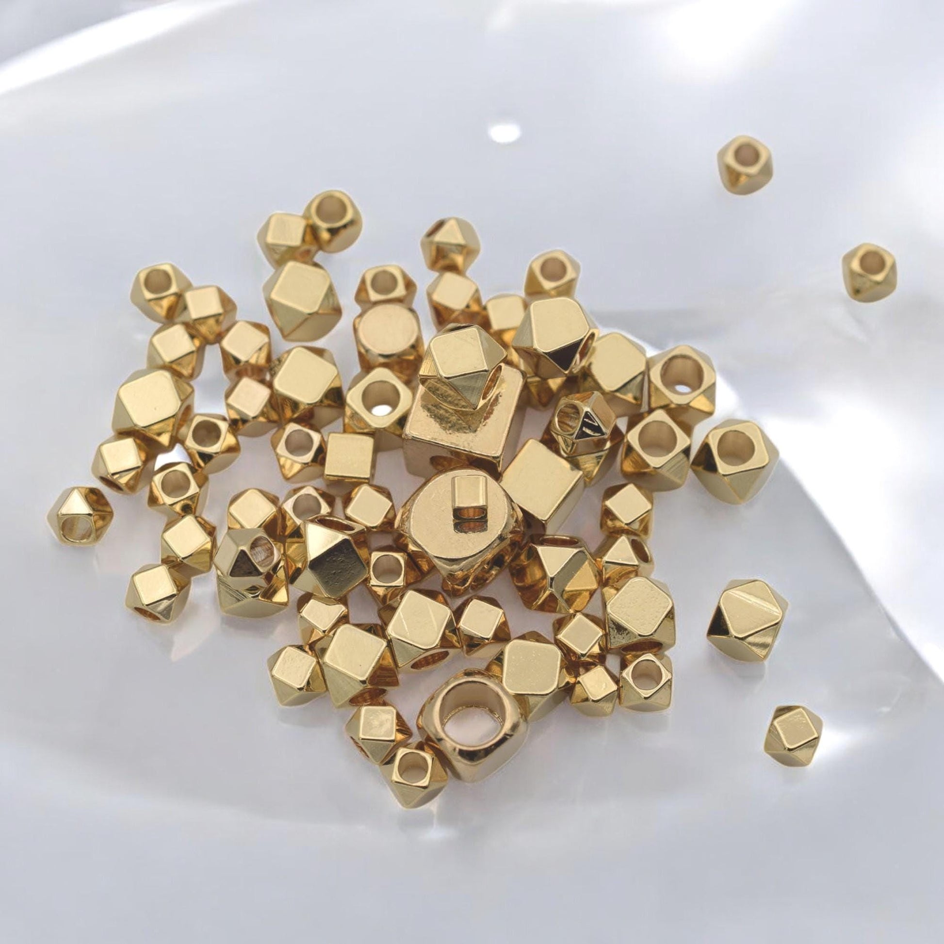 18k Gold Filled Alternative Cube Round Square Beads, Polished Gold Finish (2mm-6mm Sizes, Durable Craft Spacers, DIY Jewelry Making)