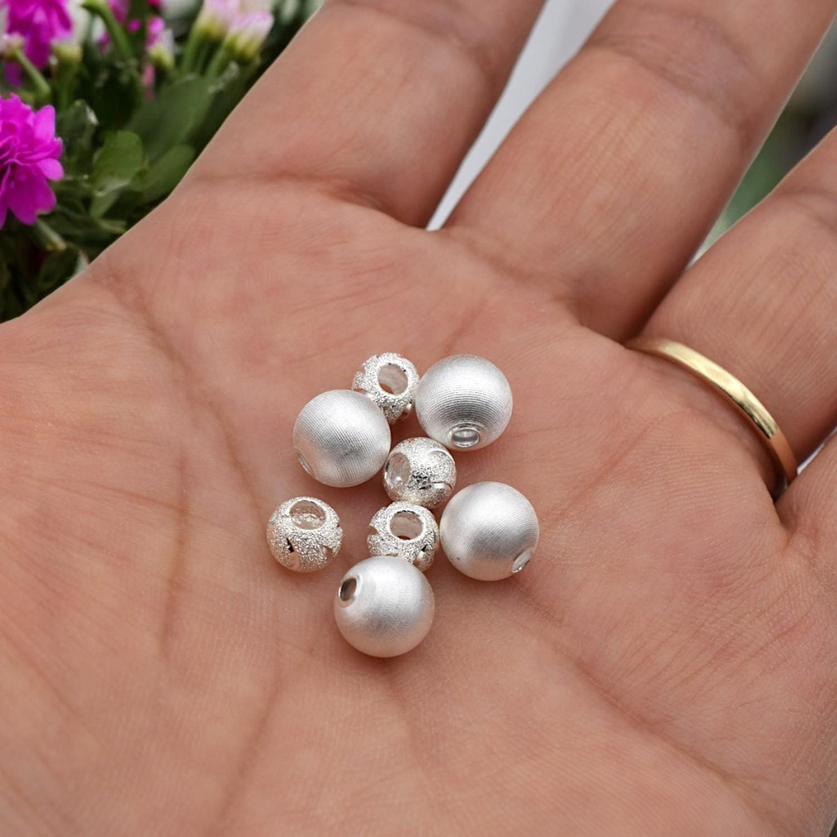 925 Sterling Silver Big Hole Beads, Stardust and Satin Texture (6mm & 8mm Sizes, Round Spacer, Jewelry Making Supplies)