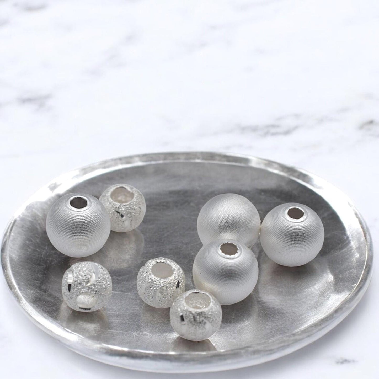 925 Sterling Silver Big Hole Beads, Stardust and Satin Texture (6mm & 8mm Sizes, Round Spacer, Jewelry Making Supplies)