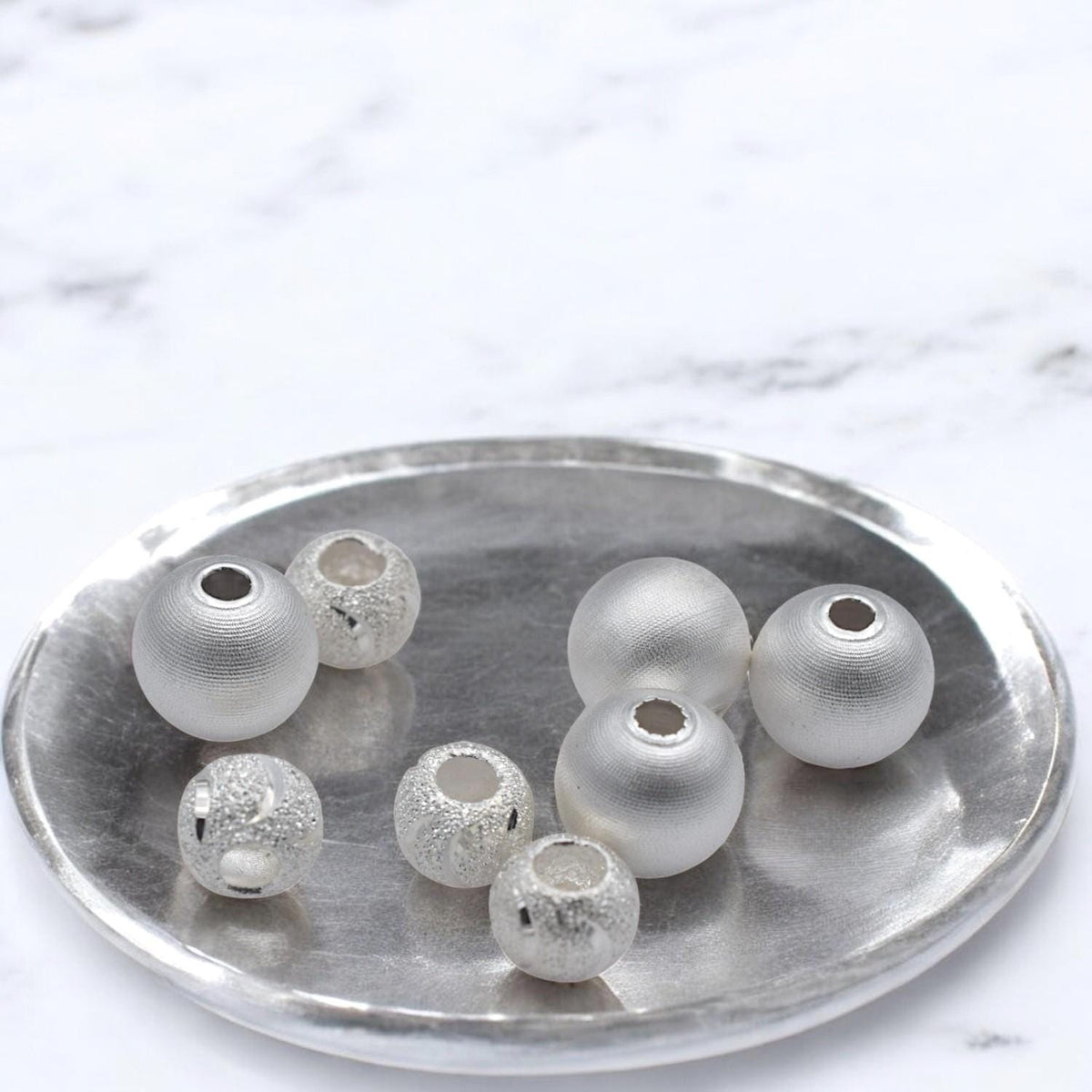 925 Sterling Silver Big Hole Beads, Stardust and Satin Texture (6mm & 8mm Sizes, Round Spacer, Jewelry Making Supplies)