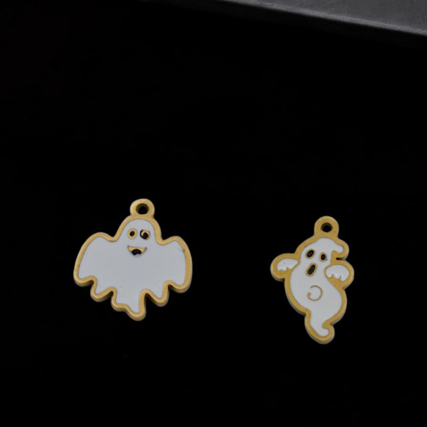Spooky Ghost Charms Halloween Pendants, White Enamel with Gold Trim (3 Pieces, Stainless Steel, DIY Jewelry Craft)