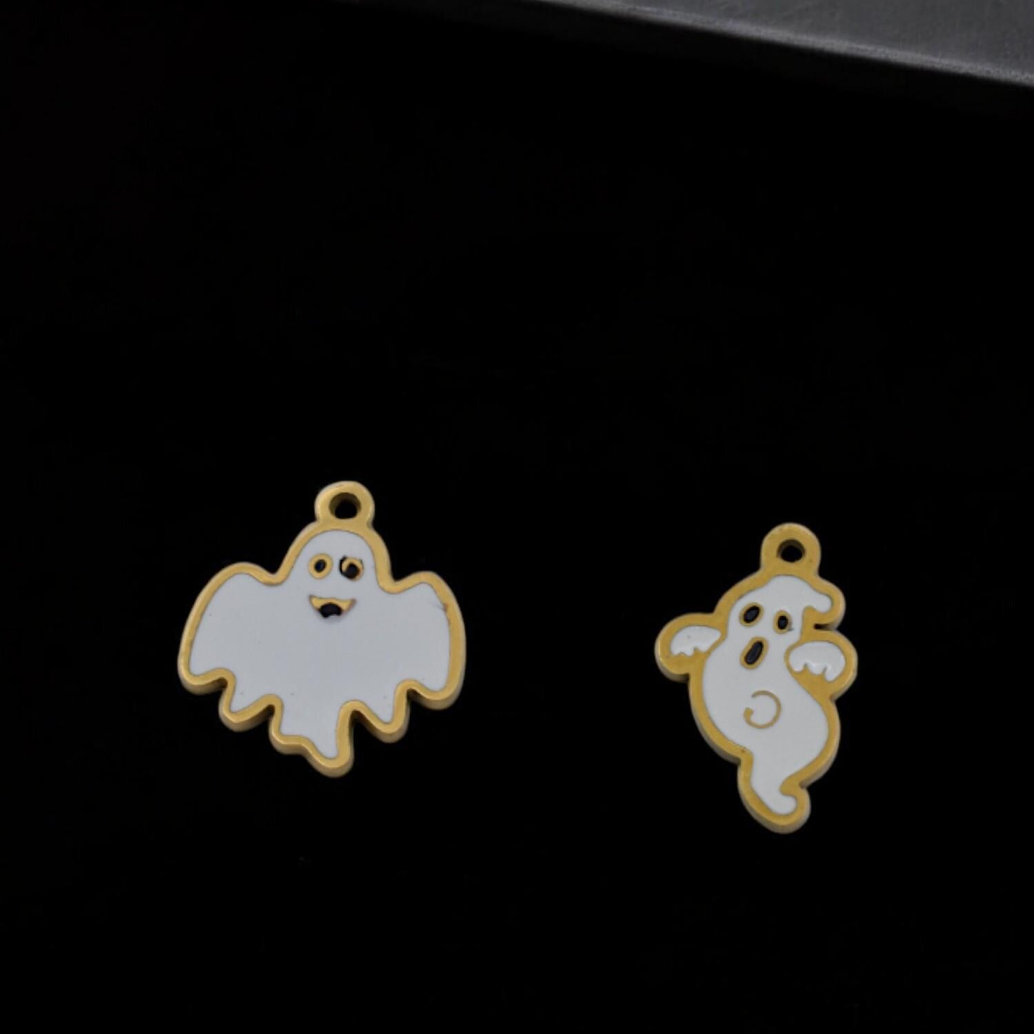 Spooky Ghost Charms Halloween Pendants, White Enamel with Gold Trim (3 Pieces, Stainless Steel, DIY Jewelry Craft)