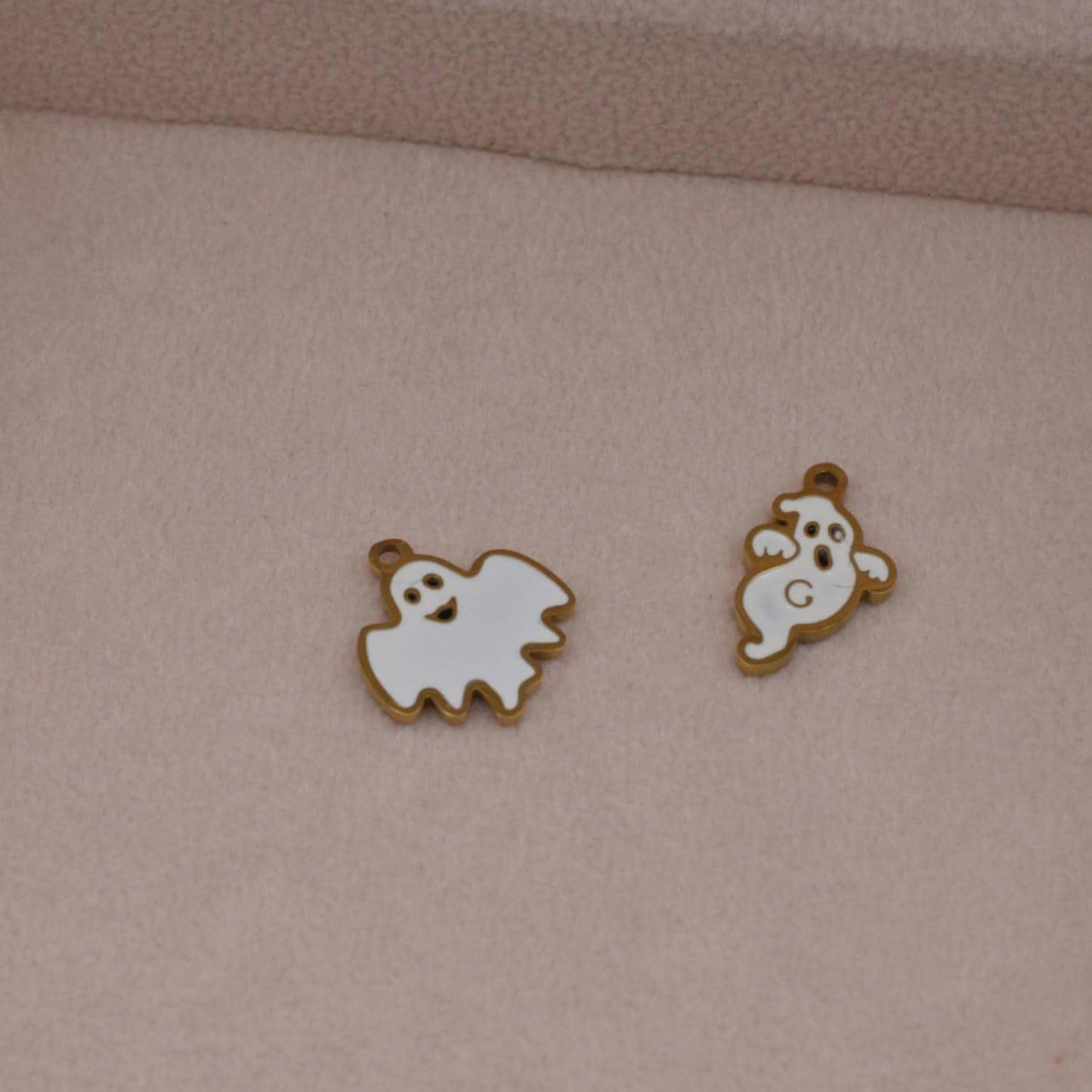 Spooky Ghost Charms Halloween Pendants, White Enamel with Gold Trim (3 Pieces, Stainless Steel, DIY Jewelry Craft)