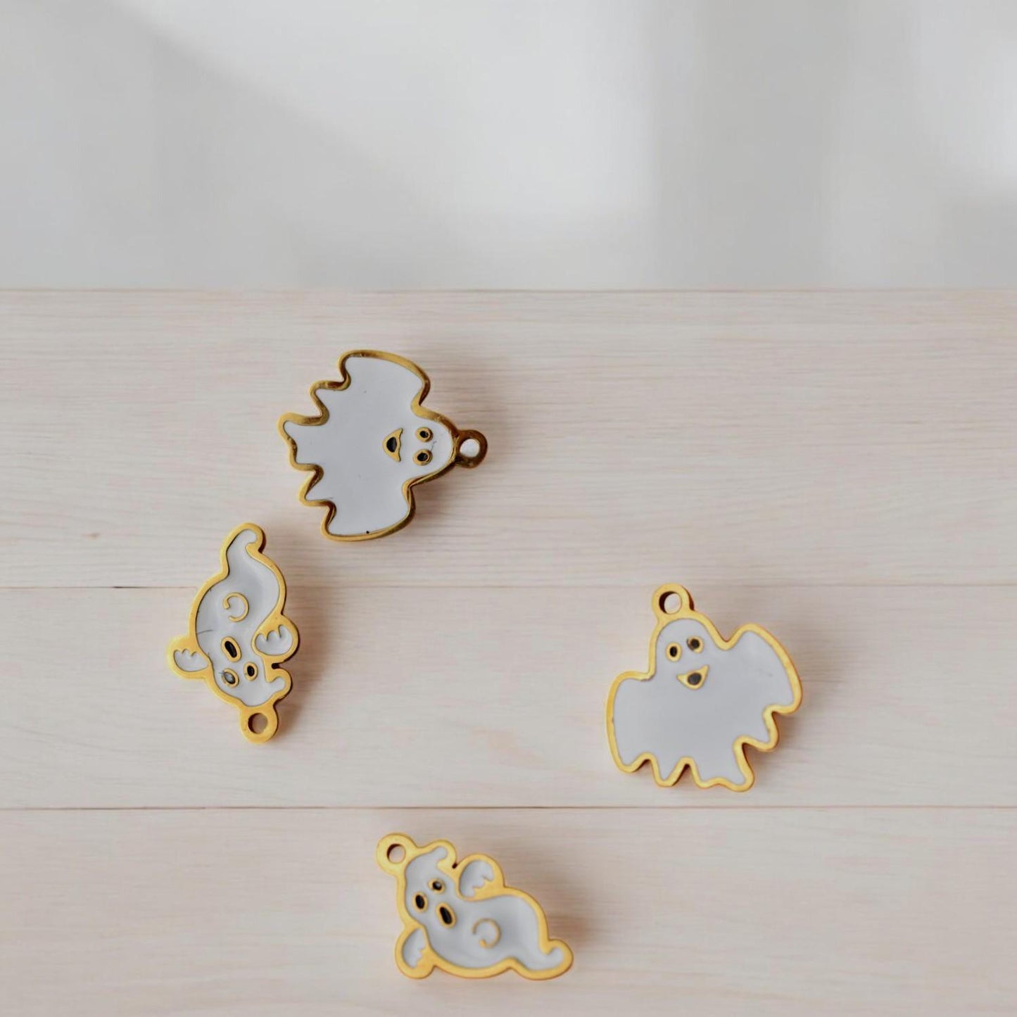 Spooky Ghost Charms Halloween Pendants, White Enamel with Gold Trim (3 Pieces, Stainless Steel, DIY Jewelry Craft)