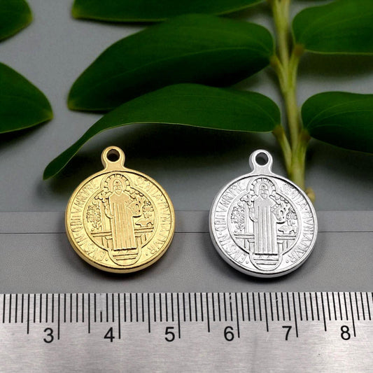 St Benedict Medal Charms Catholic Pendants, Double-Sided Protection (Gold & Silver Tone, 20mm, Lead-Free Stainless Steel)