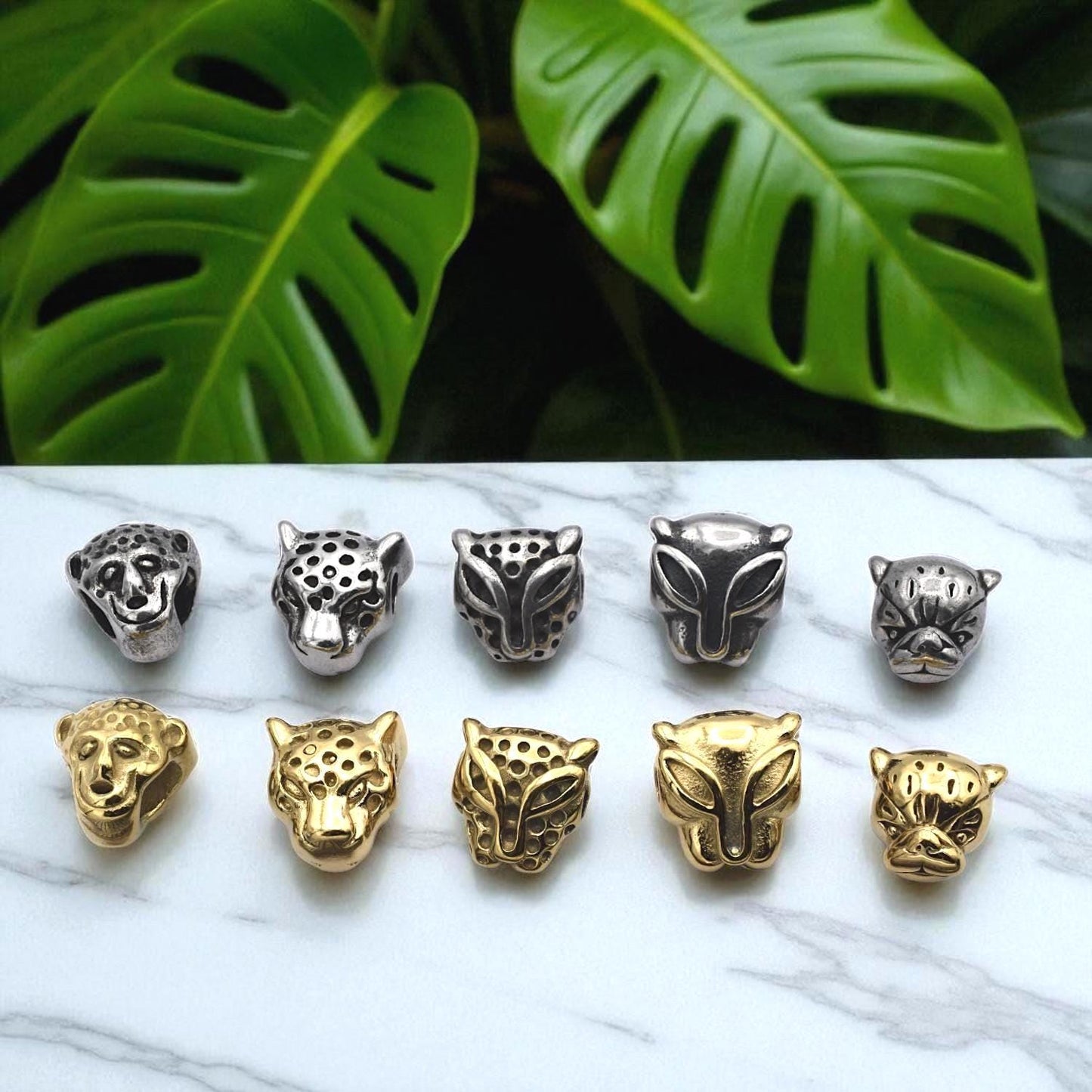 Leopard And Panther Head Beads: Antique Gold & Silver Finish - Large Hole, Durable Stainless Steel, Wildlife Jewelry Components