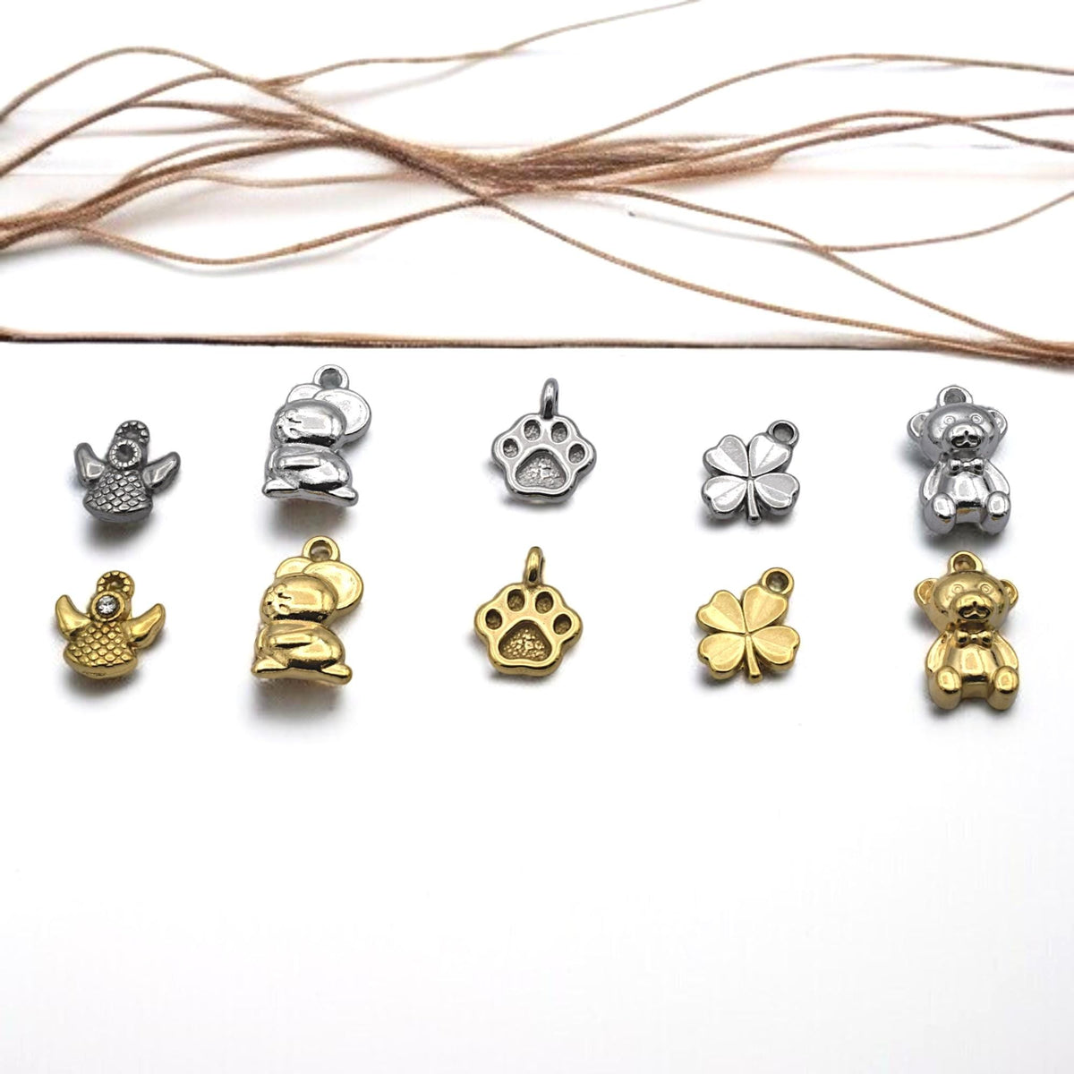 Animal Lucky Charm Gold & Silver Pendants: Stainless Steel, Anti Tarnish Finish | Nickel Safe, 12 Pieces, DIY Jewelry
