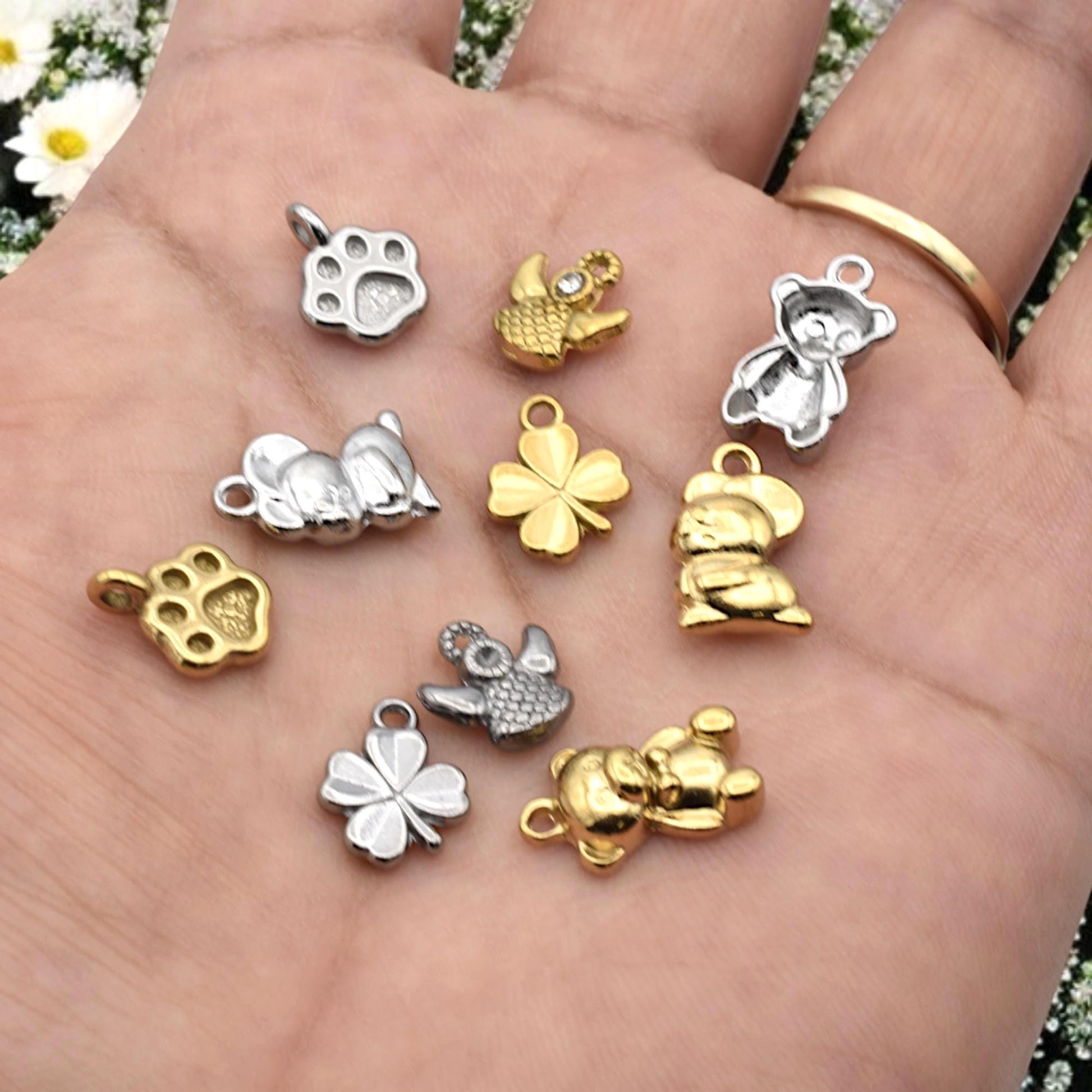 Animal Lucky Charm Gold & Silver Pendants: Stainless Steel, Anti Tarnish Finish | Nickel Safe, 12 Pieces, DIY Jewelry