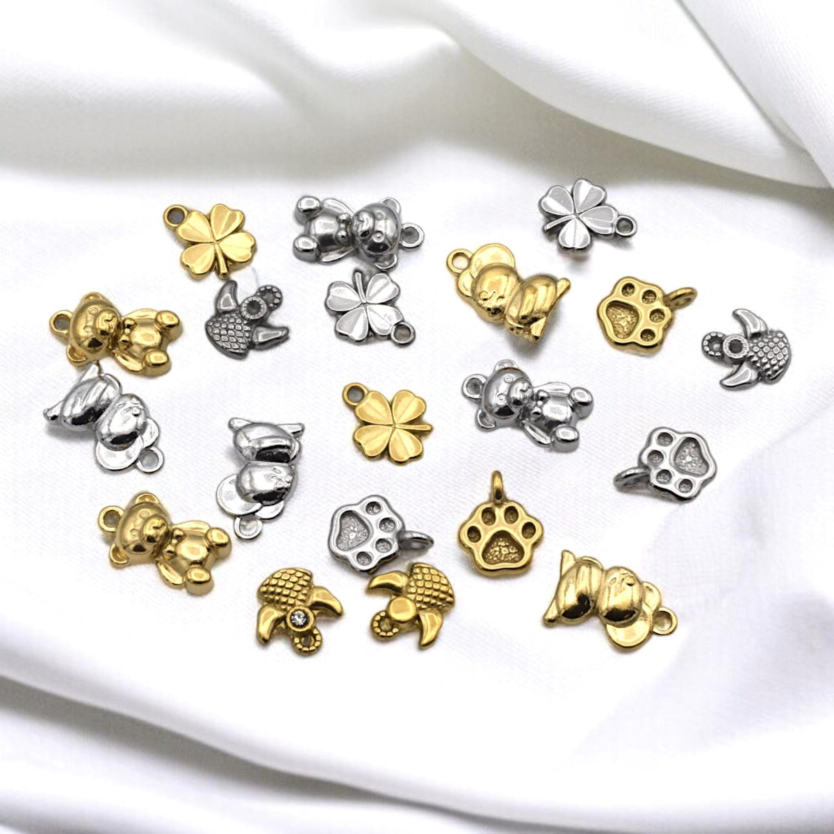 Animal Lucky Charm Gold & Silver Pendants: Stainless Steel, Anti Tarnish Finish | Nickel Safe, 12 Pieces, DIY Jewelry