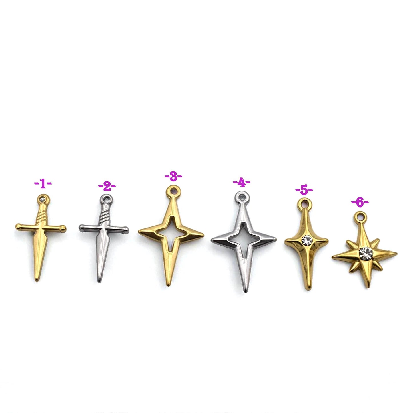 Sword North Star Charms CZ Accent Pendants, Gold & Silver Dagger and Compass Star (12PCS, Stainless Steel, DIY Jewelry)