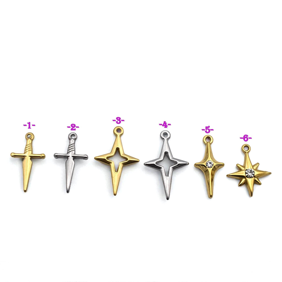 Sword North Star Charms CZ Accent Pendants, Gold & Silver Dagger and Compass Star (12PCS, Stainless Steel, DIY Jewelry)