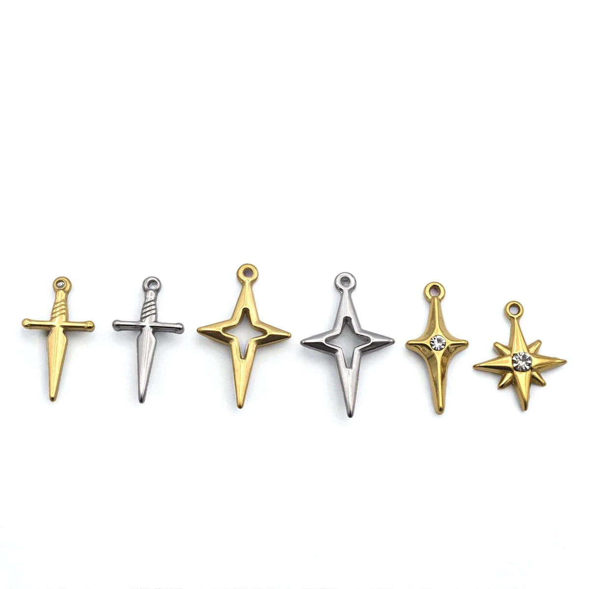 Sword North Star Charms CZ Accent Pendants, Gold & Silver Dagger and Compass Star (12PCS, Stainless Steel, DIY Jewelry)