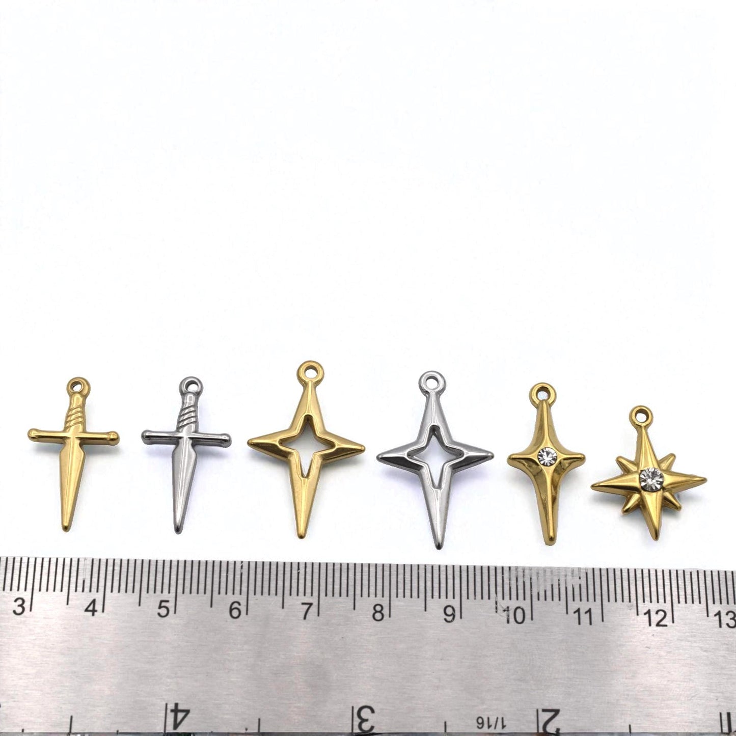 Sword North Star Charms CZ Accent Pendants, Gold & Silver Dagger and Compass Star (12PCS, Stainless Steel, DIY Jewelry)