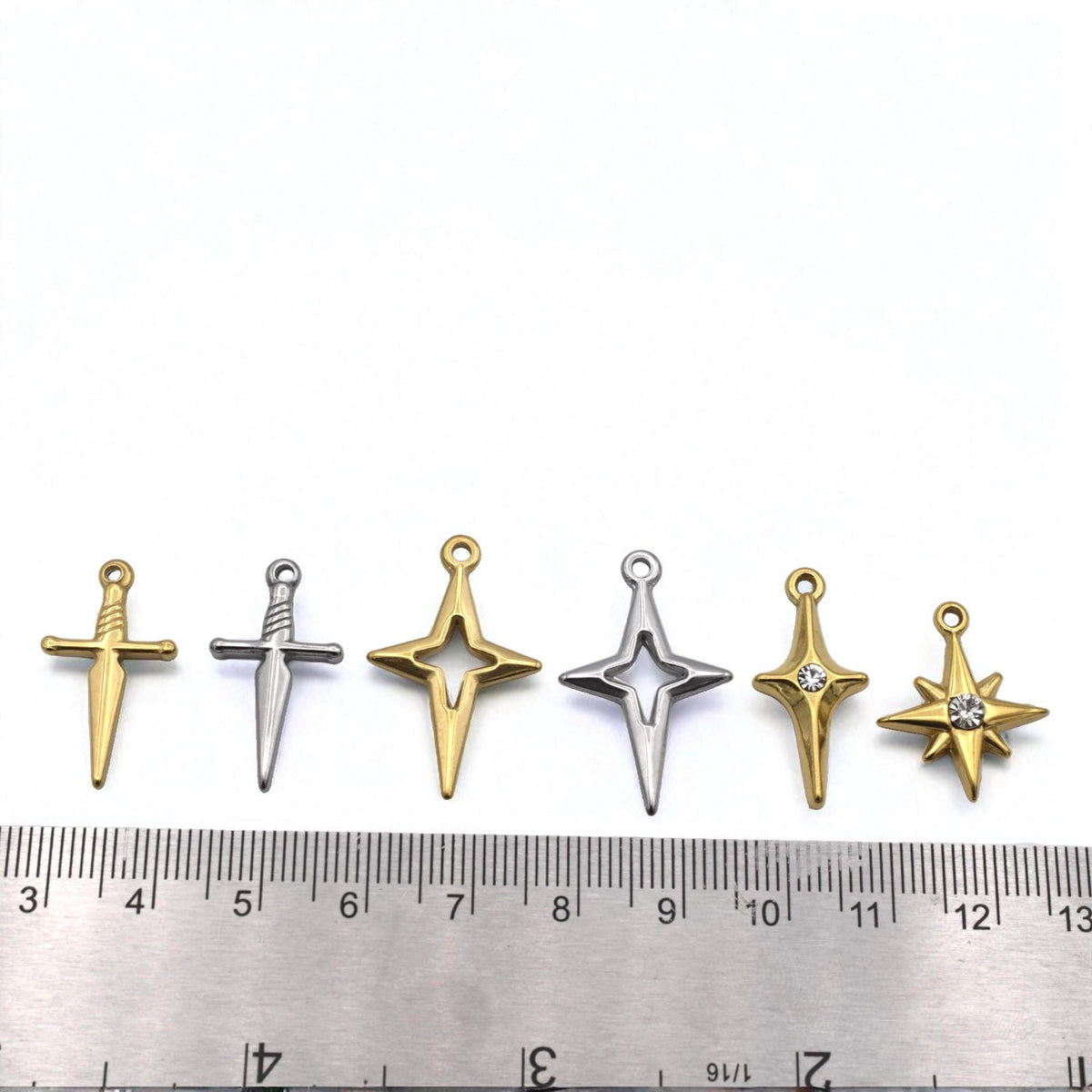 Sword North Star Charms CZ Accent Pendants, Gold & Silver Dagger and Compass Star (12PCS, Stainless Steel, DIY Jewelry)