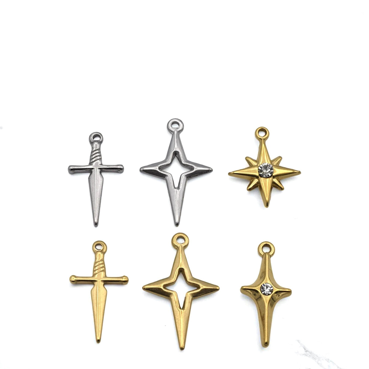 Sword North Star Charms CZ Accent Pendants, Gold & Silver Dagger and Compass Star (12PCS, Stainless Steel, DIY Jewelry)