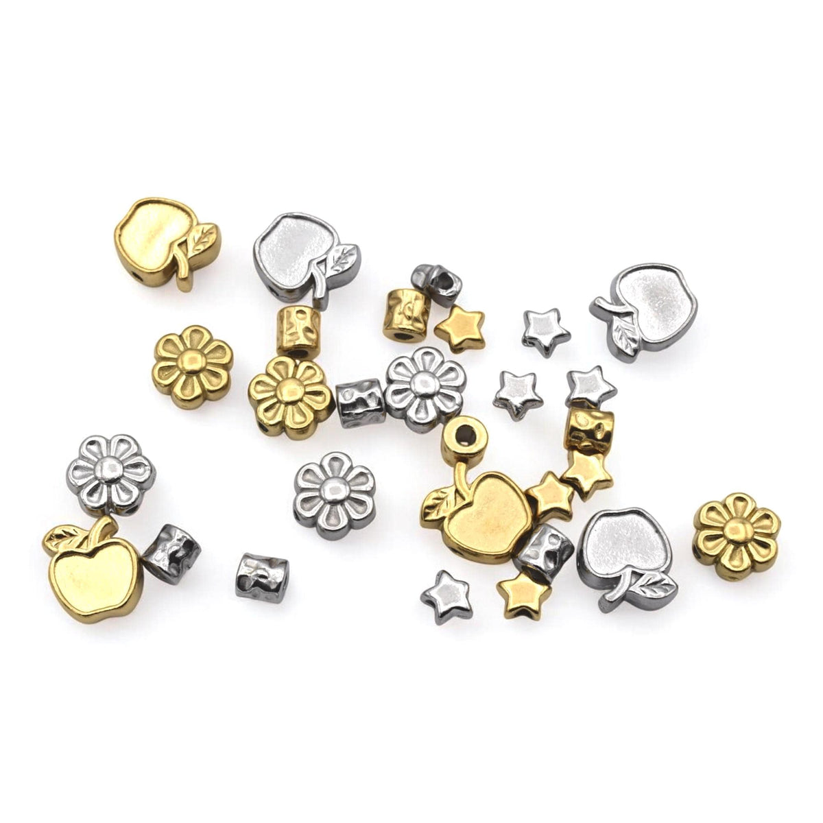 Bead Spacer Apple Daisy Star Barrel Beads, Gold Silver Finish (12 Pieces, Hypoallergenic Stainless Steel, Rust & Tarnish Resistant)