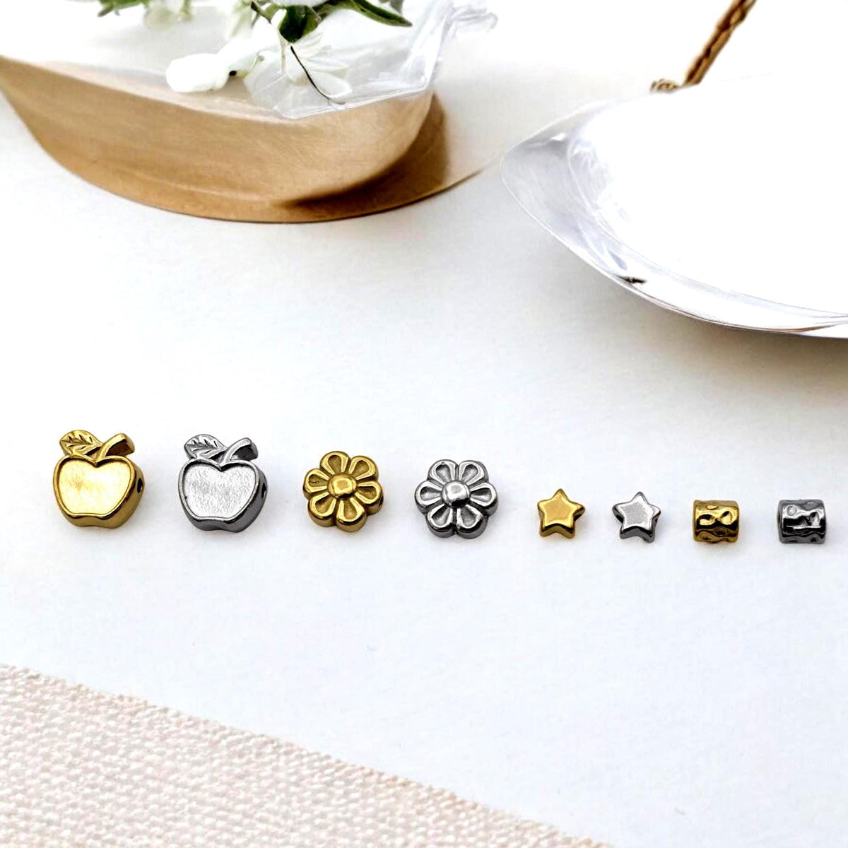 Bead Spacer Apple Daisy Star Barrel Beads, Gold Silver Finish (12 Pieces, Hypoallergenic Stainless Steel, Rust & Tarnish Resistant)