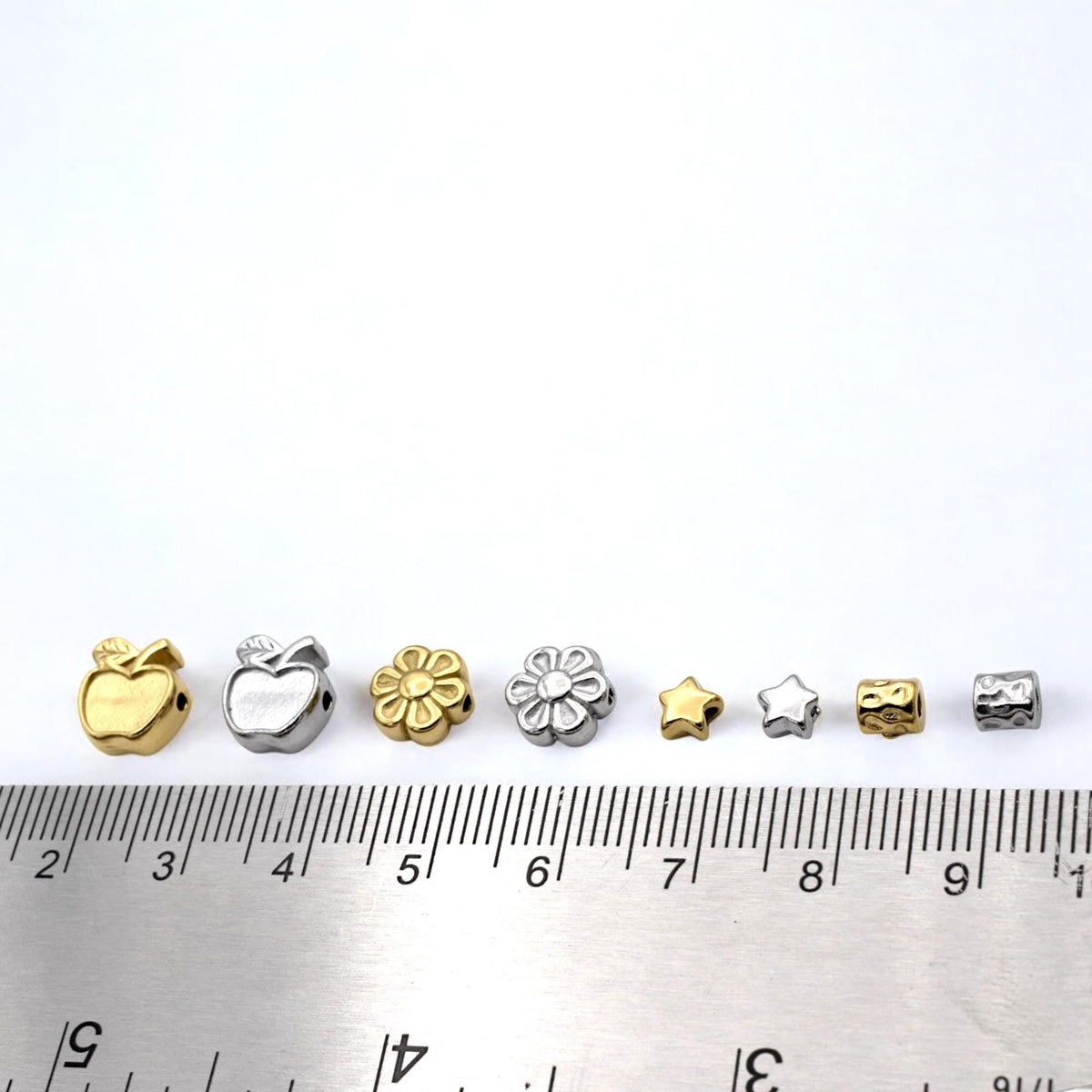 Bead Spacer Apple Daisy Star Barrel Beads, Gold Silver Finish (12 Pieces, Hypoallergenic Stainless Steel, Rust & Tarnish Resistant)