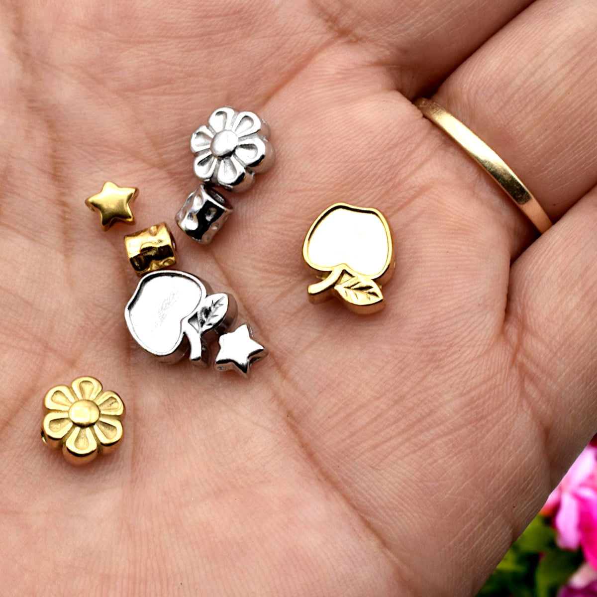 Bead Spacer Apple Daisy Star Barrel Beads, Gold Silver Finish (12 Pieces, Hypoallergenic Stainless Steel, Rust & Tarnish Resistant)