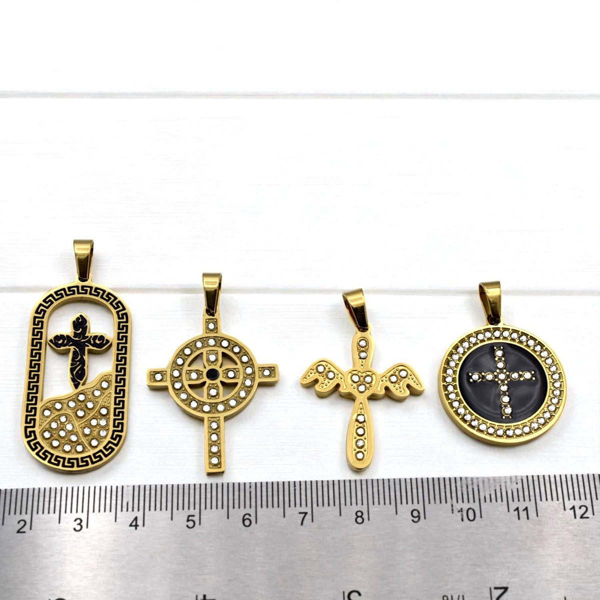 Gold Stainless Steel Cross Pendants – CZ Enamel Celtic, Angel, Medallion Tombstone Styles Christian Necklace Charms Rosary...