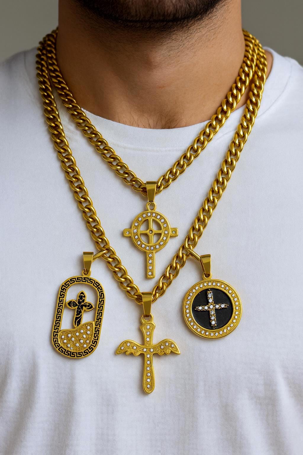 Gold Stainless Steel Cross Pendants – CZ Enamel Celtic, Angel, Medallion Tombstone Styles Christian Necklace Charms Rosary...