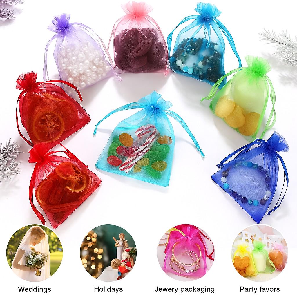 Organza Bags Sheer Drawstring Gift Bags - 100 Pcs, Transparent Satin Fabric, Durable, Wedding Favors & Jewelry Storage