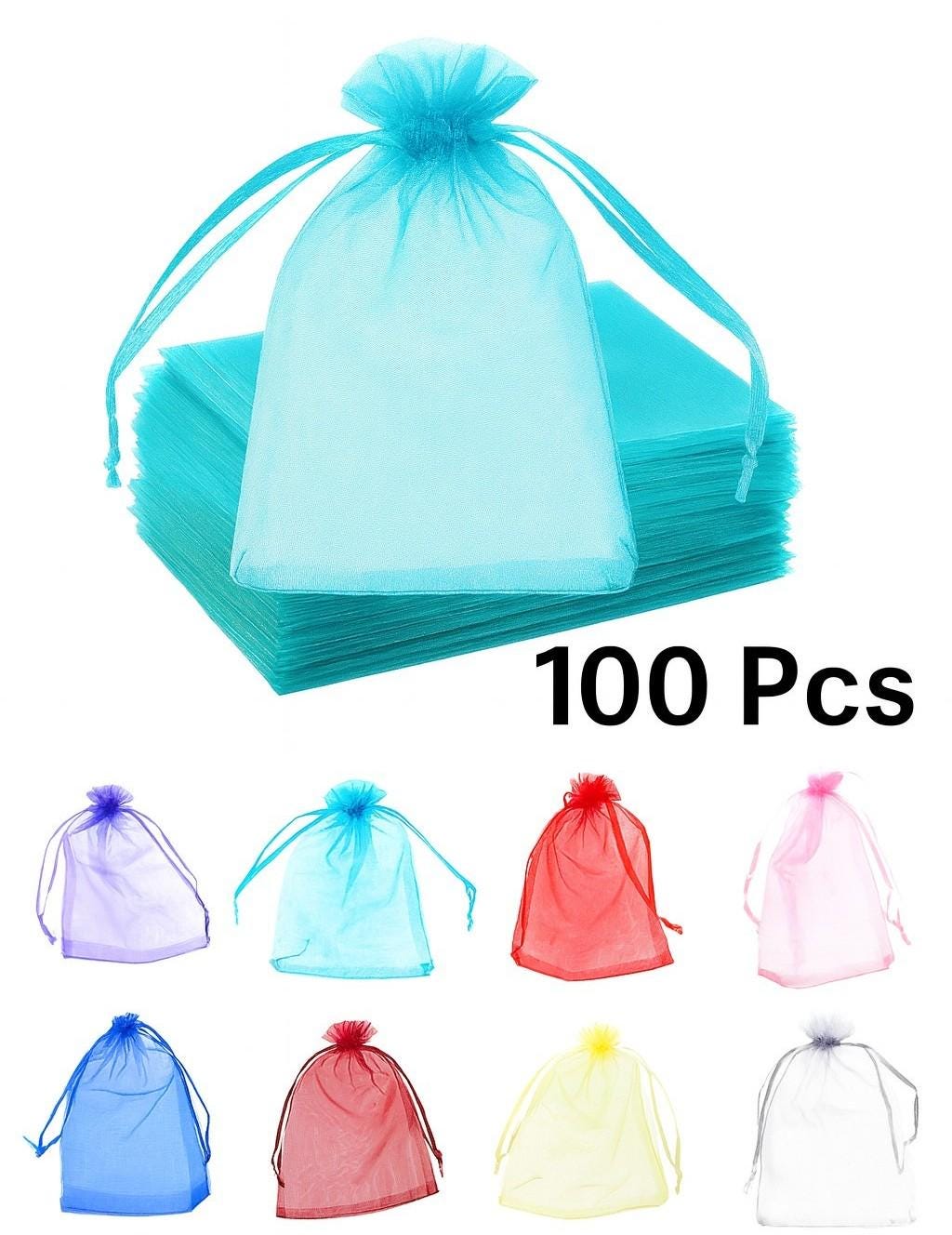 Organza Bags Sheer Drawstring Gift Bags - 100 Pcs, Transparent Satin Fabric, Durable, Wedding Favors & Jewelry Storage