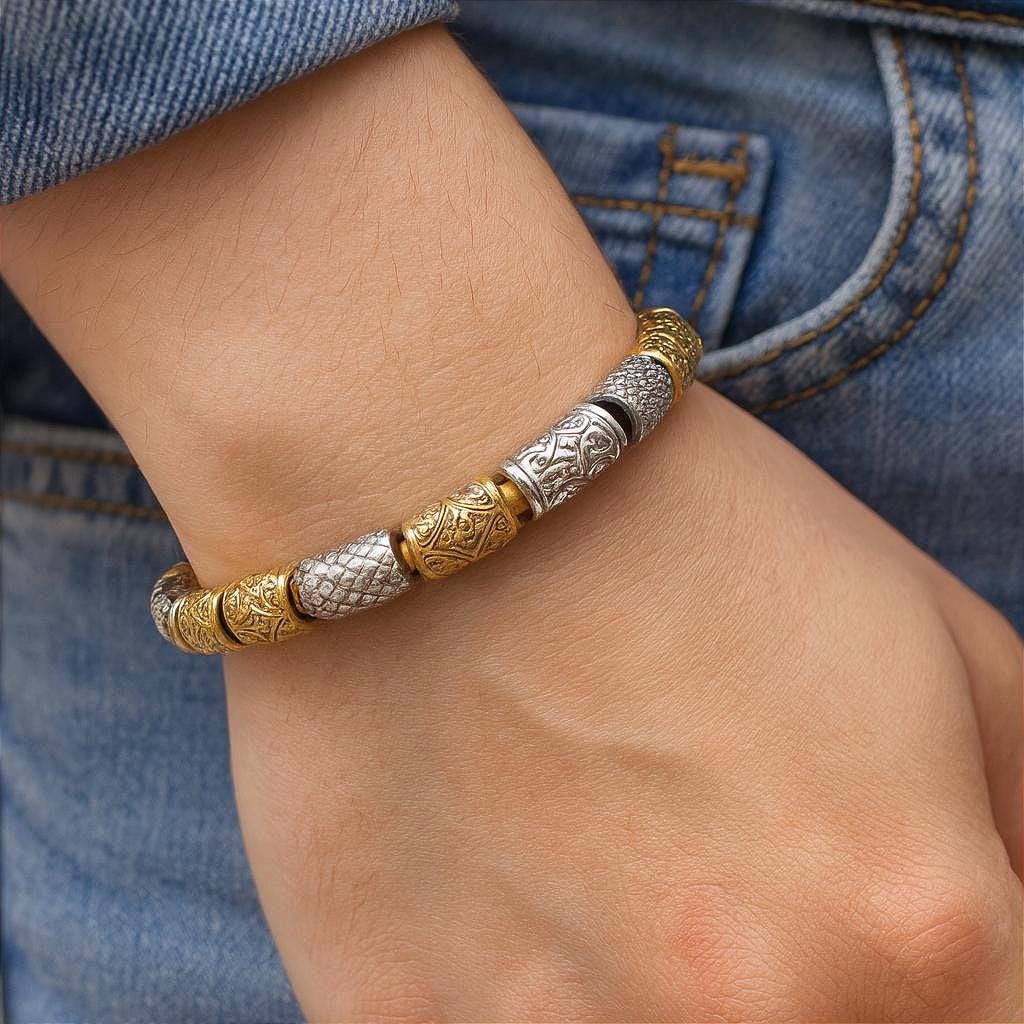 Beads Roundel Gold Large Hole Tubes, Textured Barrel Spacers (Hammered Bamboo Snakeskin, Stainless Steel, 12 Pieces Pack)