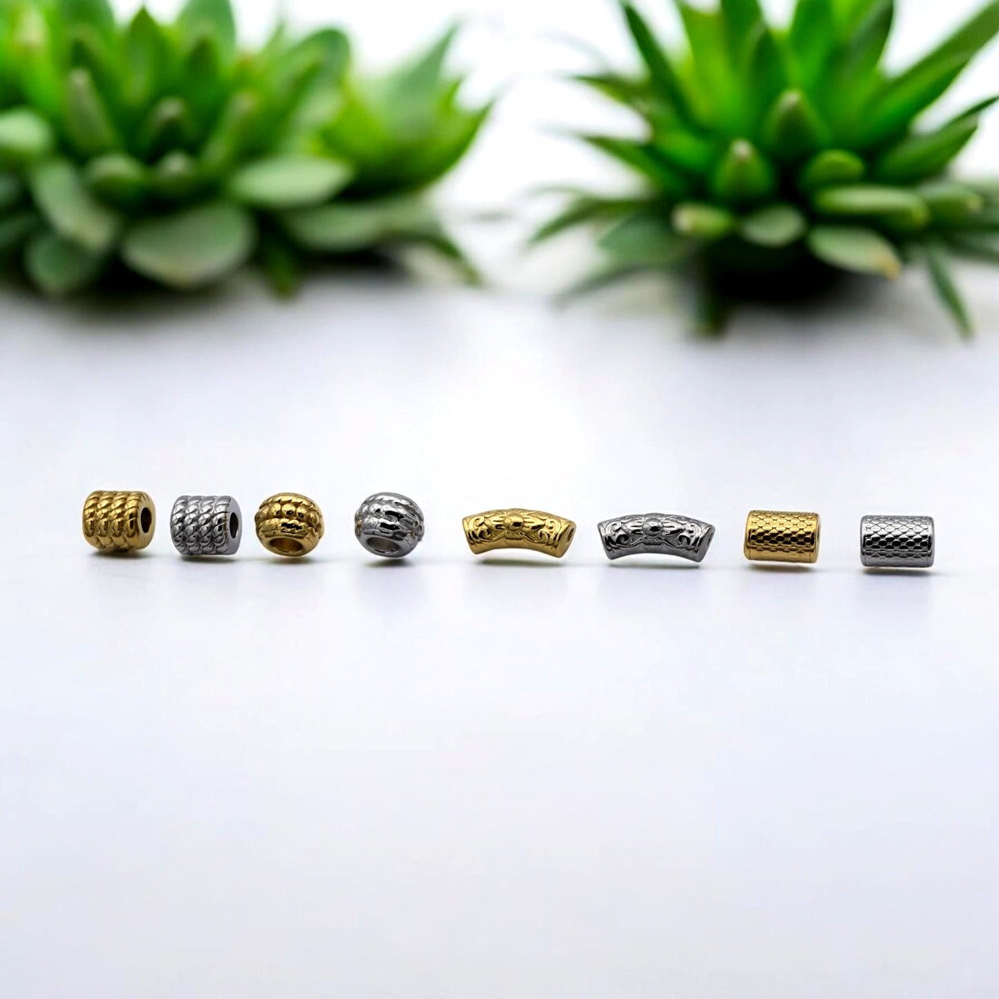 Beads Roundel Gold Large Hole Tubes, Textured Barrel Spacers (Hammered Bamboo Snakeskin, Stainless Steel, 12 Pieces Pack)