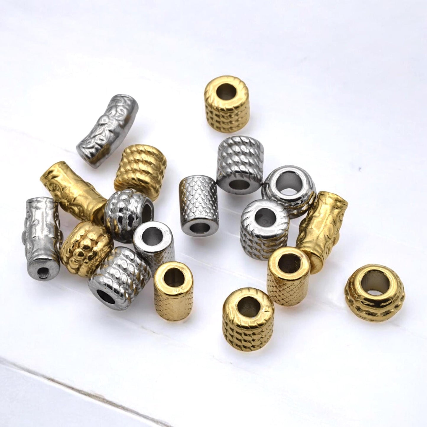 Beads Roundel Gold Large Hole Tubes, Textured Barrel Spacers (Hammered Bamboo Snakeskin, Stainless Steel, 12 Pieces Pack)