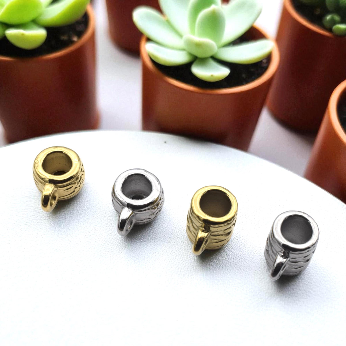 Pattern Barrel Bail Beads: Artisan Vine Pattern, Gold & Silver Stainless Steel (Large Hole 4mm, Durable, Hypoallergenic, 12 Pack)