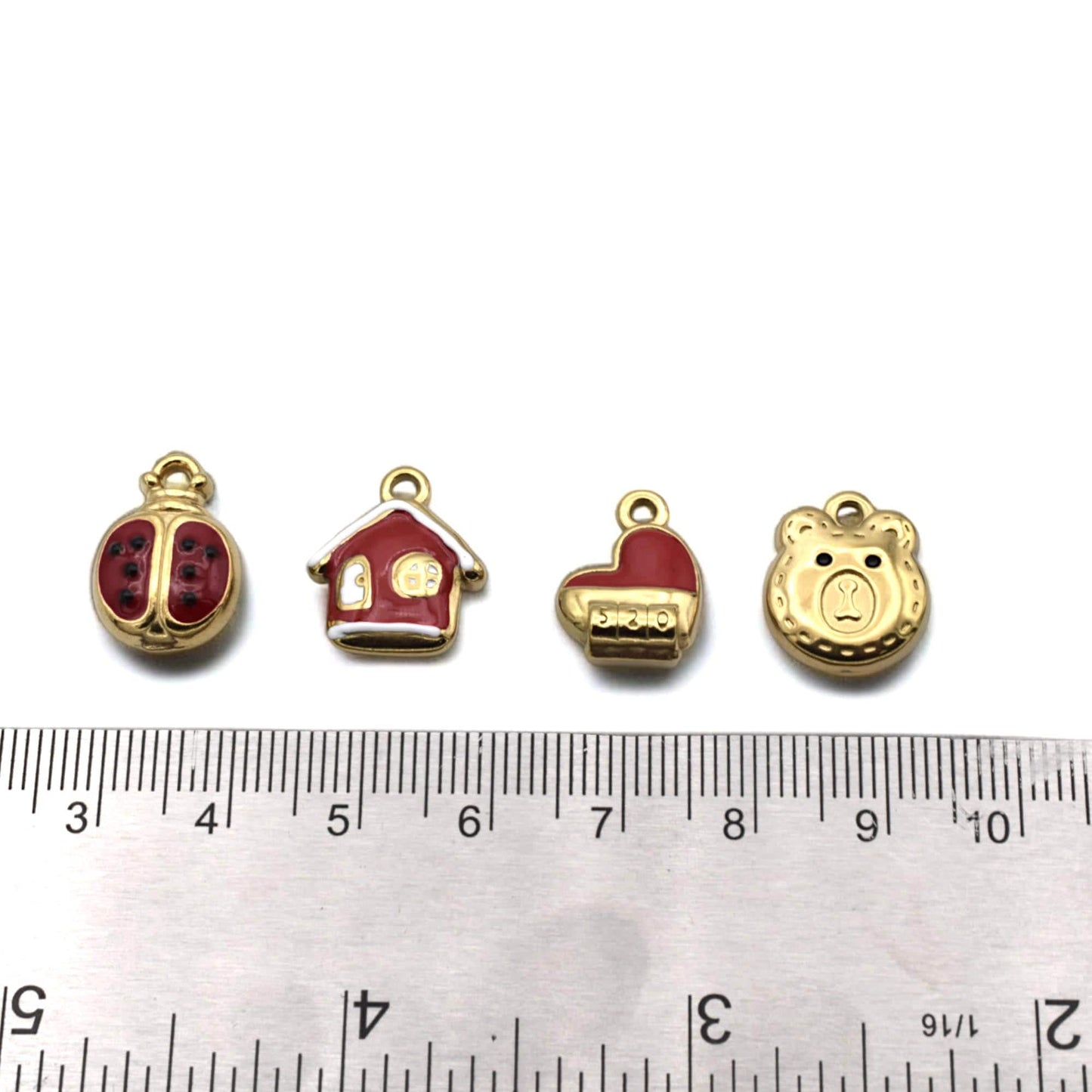 Red Enamel Charm Set: Colorful Kawaii Motifs for Crafting (6 or 12 Pieces, Gold Plated Stainless Steel, Kids Friendly)