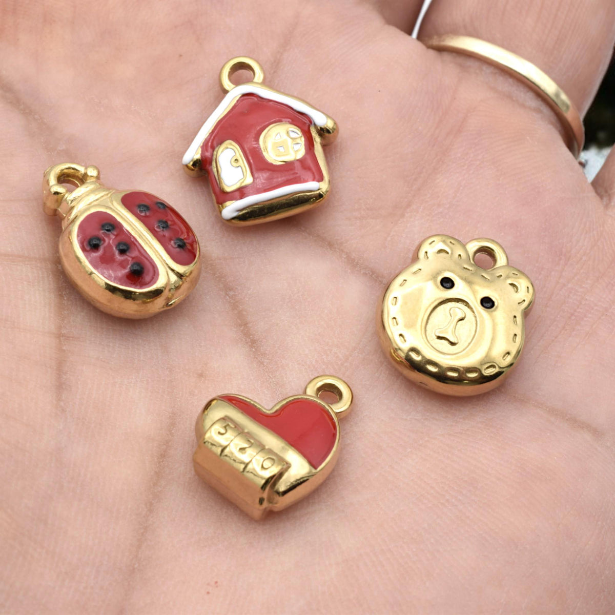 Red Enamel Charm Set: Colorful Kawaii Motifs for Crafting (6 or 12 Pieces, Gold Plated Stainless Steel, Kids Friendly)