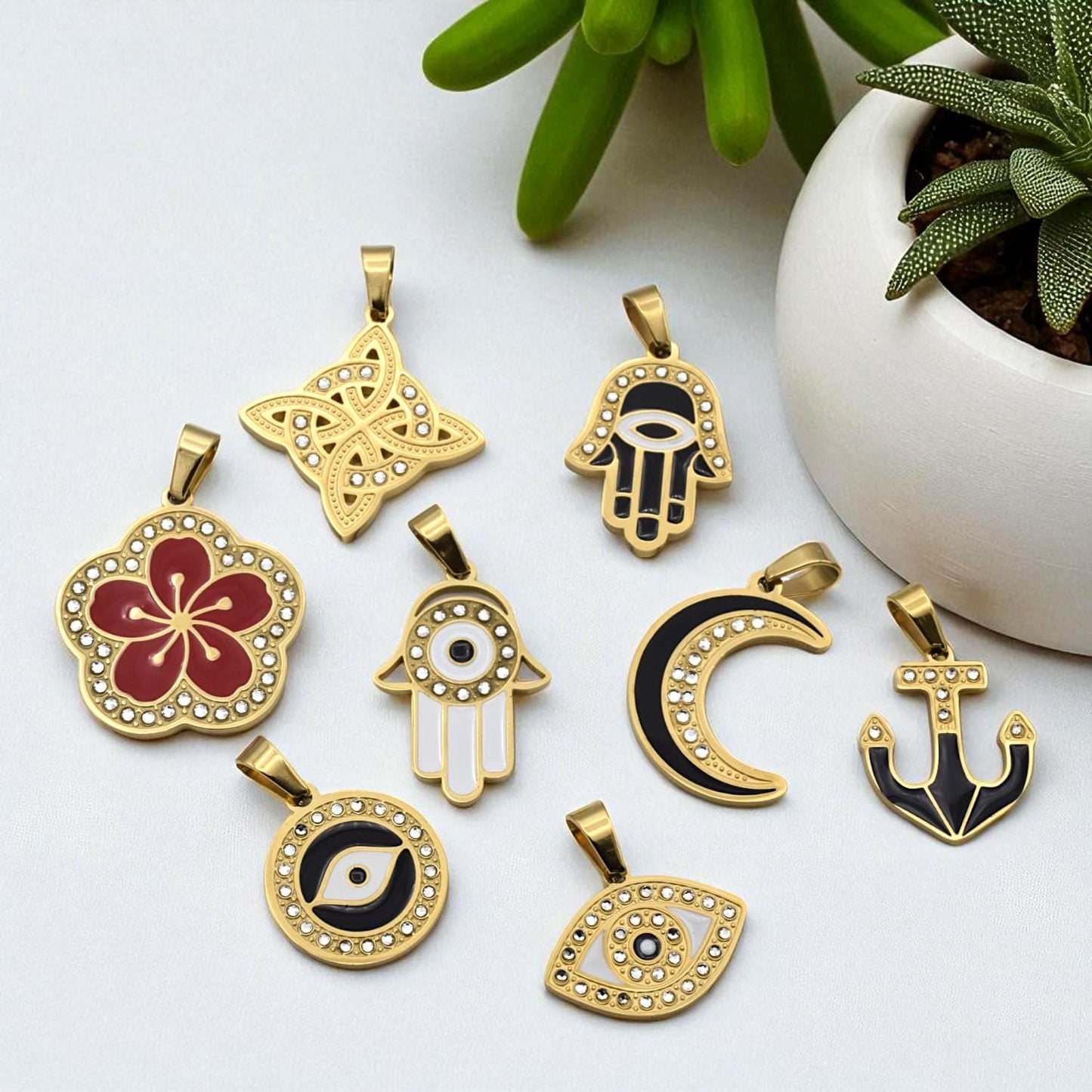 Gold Enamel Stainless Steel CZ Pendant, Filigree Cross • Flower • Hamsa • Moon • Anchor • Evil Eye for Necklace Charm, Bracelect