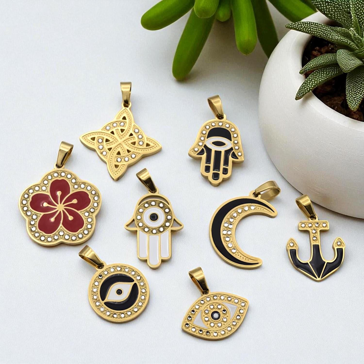 Gold Enamel Stainless Steel CZ Pendant, Filigree Cross • Flower • Hamsa • Moon • Anchor • Evil Eye for Necklace Charm, Bracelect