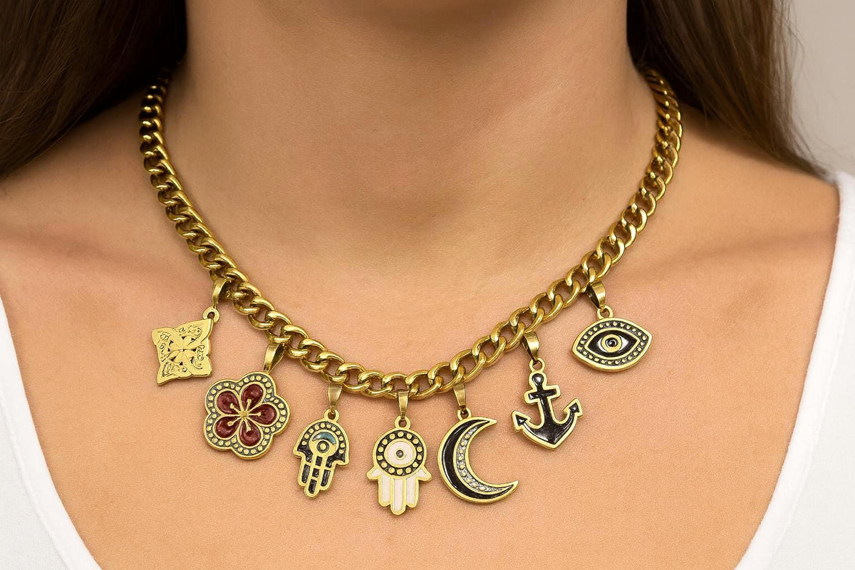 Gold Enamel Stainless Steel CZ Pendant, Filigree Cross • Flower • Hamsa • Moon • Anchor • Evil Eye for Necklace Charm, Bracelect