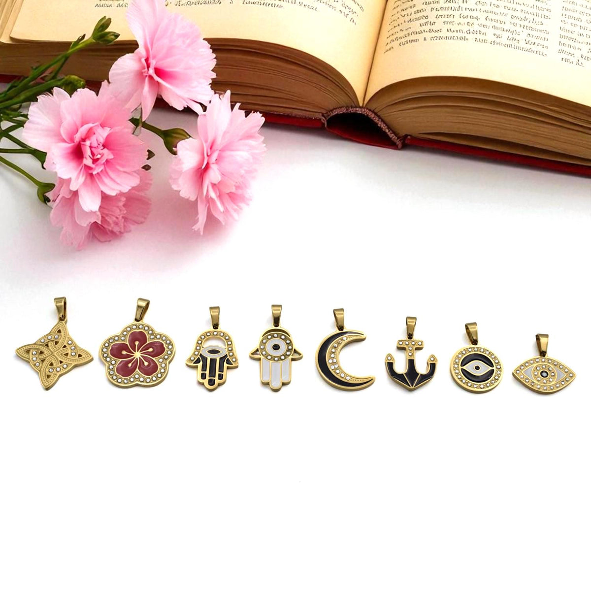 Gold Enamel Stainless Steel CZ Pendant, Filigree Cross • Flower • Hamsa • Moon • Anchor • Evil Eye for Necklace Charm, Bracelect