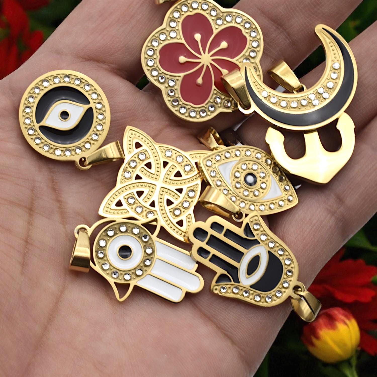 Gold Enamel Stainless Steel CZ Pendant, Filigree Cross • Flower • Hamsa • Moon • Anchor • Evil Eye for Necklace Charm, Bracelect