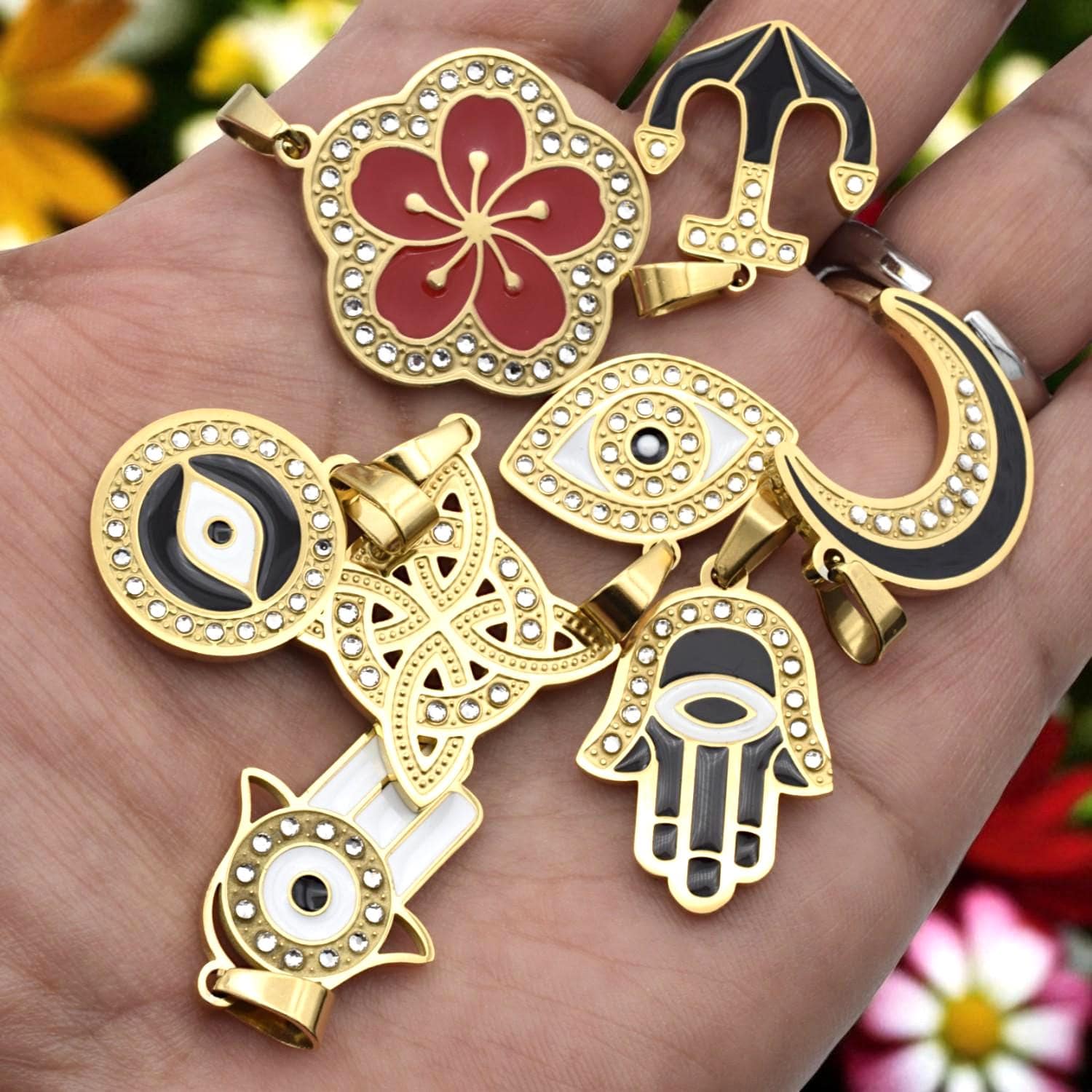 Gold Enamel Stainless Steel CZ Pendant, Filigree Cross • Flower • Hamsa • Moon • Anchor • Evil Eye for Necklace Charm, Bracelect