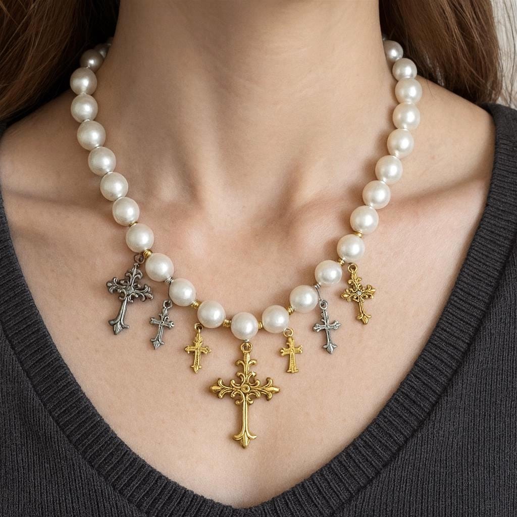 Ornate Cross Charms, Gold plated/Silver Stainless Steel Filigree Crucifix Pendants w/ Rhinestone, Faith Jewelry Findings 6...