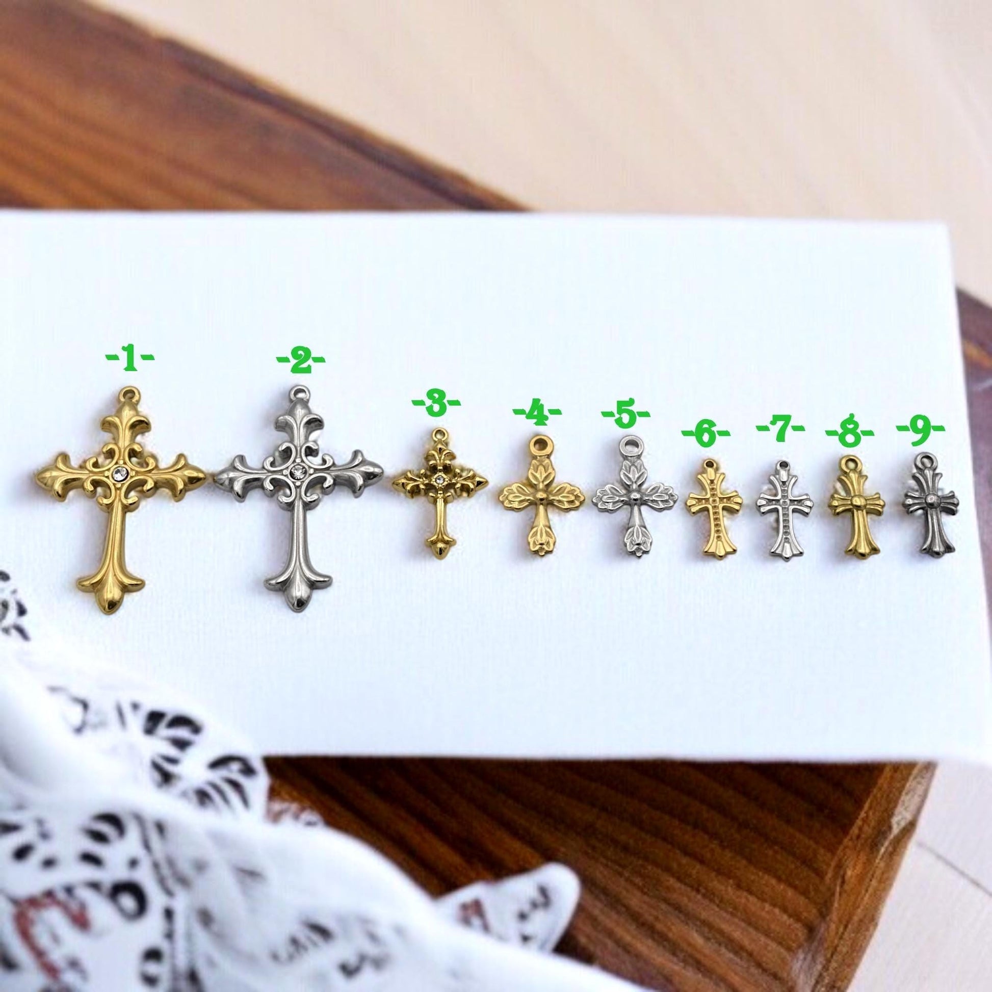 Ornate Cross Charms, Gold plated/Silver Stainless Steel Filigree Crucifix Pendants w/ Rhinestone, Faith Jewelry Findings 6...