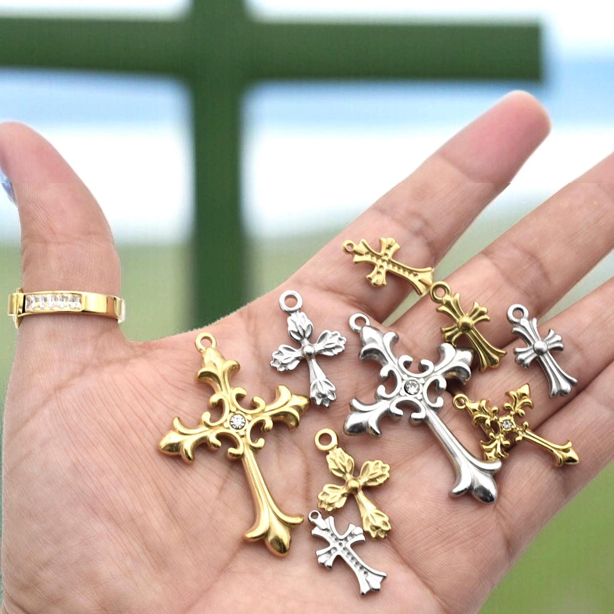 Ornate Cross Charms, Gold plated/Silver Stainless Steel Filigree Crucifix Pendants w/ Rhinestone, Faith Jewelry Findings 6...