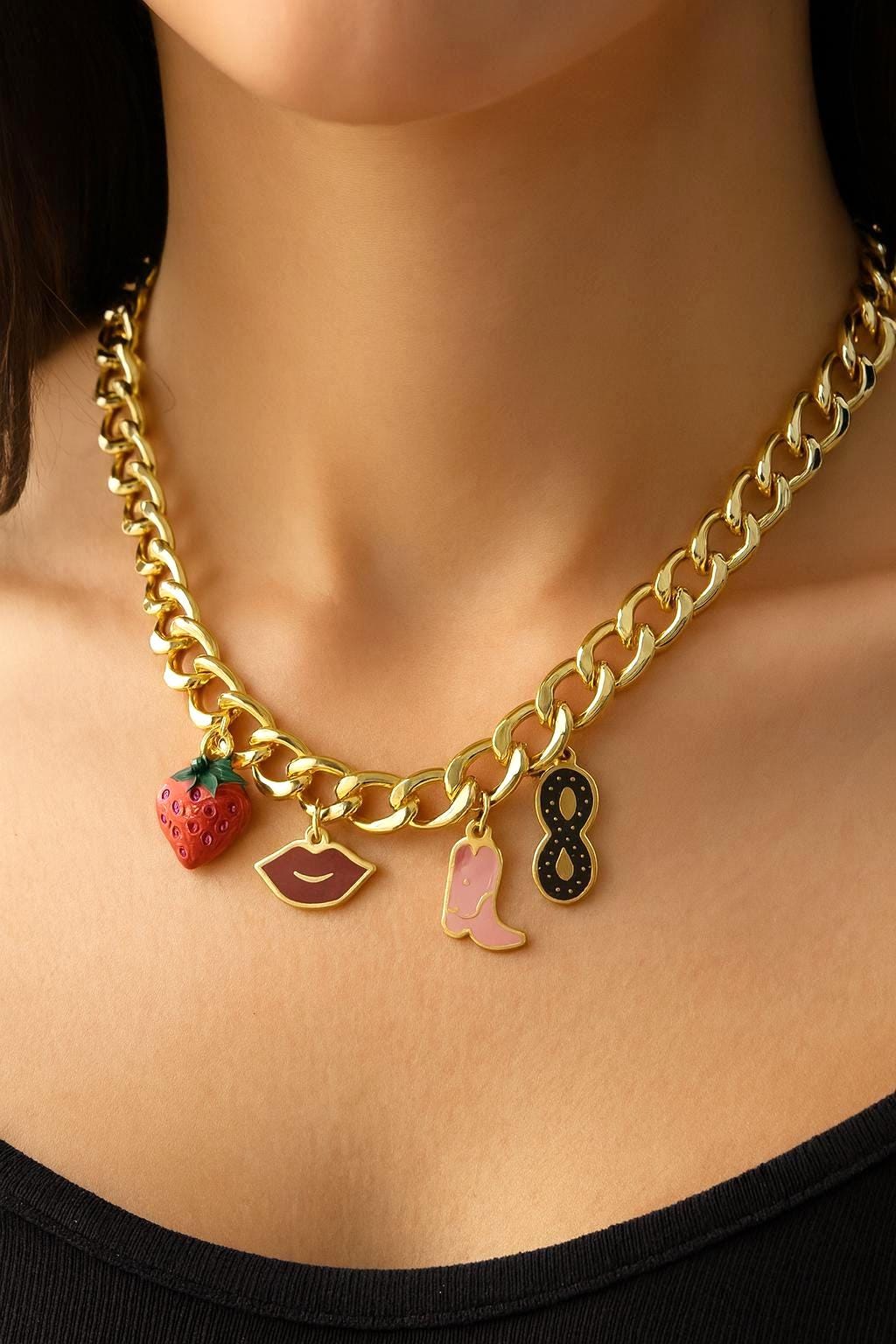 Gold Plated Findings Enamel Charm Set: Glossy Pastel Cowgirl Boot, Red Lips - Hard Enamel, Gold Tone Edging, Mixed Theme Charms