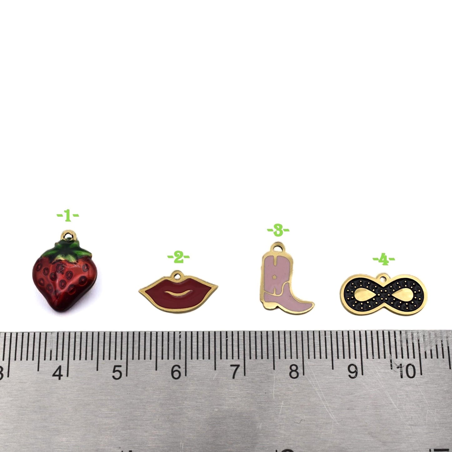 Gold Plated Findings Enamel Charm Set: Glossy Pastel Cowgirl Boot, Red Lips - Hard Enamel, Gold Tone Edging, Mixed Theme Charms