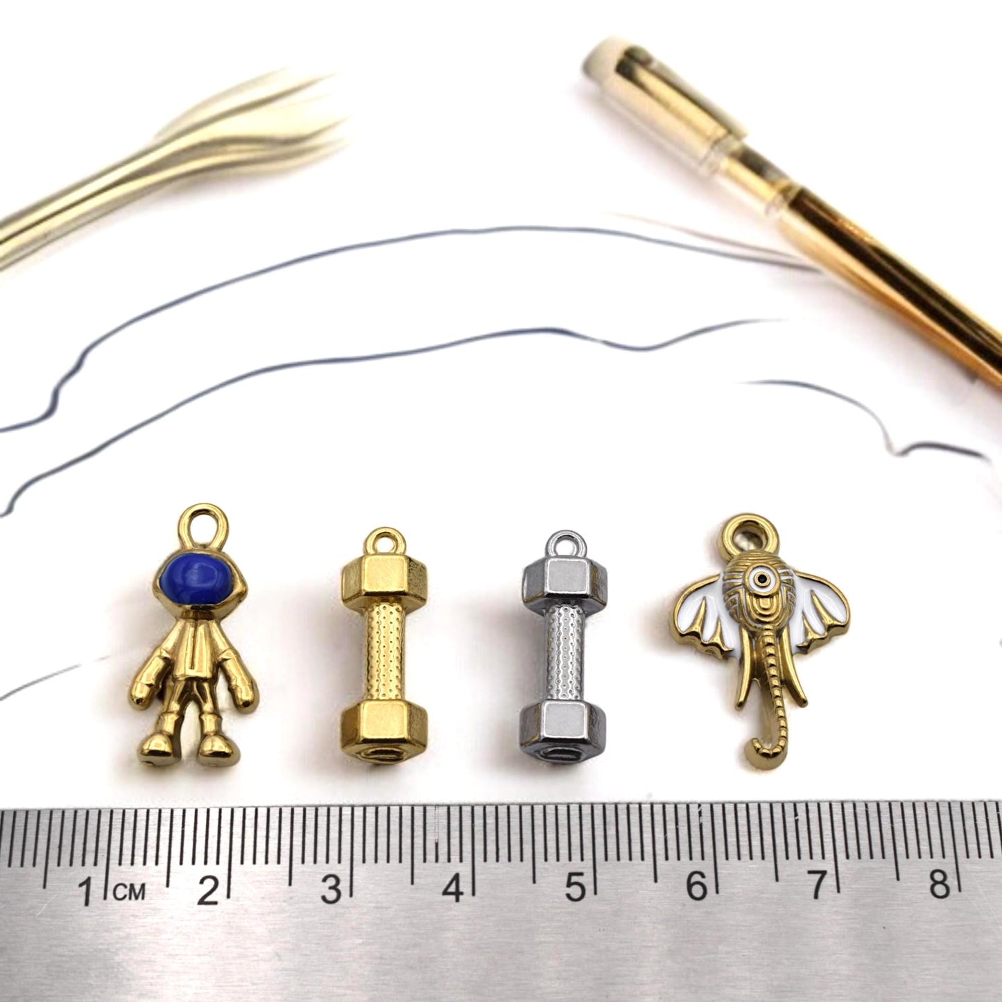 Steel Charm Enamel DIY Jewelry Findings: Space Fitness Mixed Pendants - Gold & Silver Stainless Steel, Enamel Accents, Jump Ring Compatible