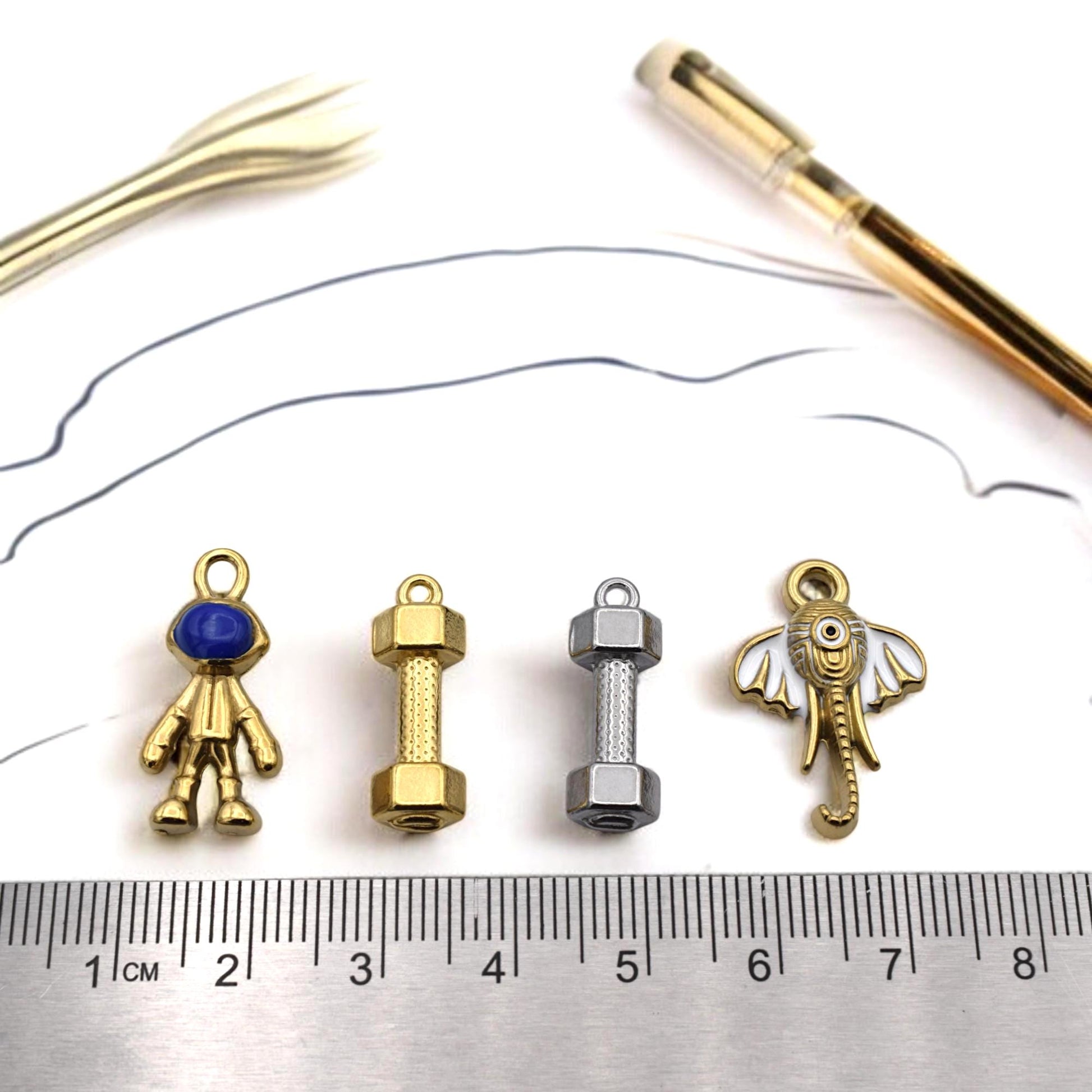 Steel Charm Enamel DIY Jewelry Findings: Space Fitness Mixed Pendants - Gold & Silver Stainless Steel, Enamel Accents, Jump Ring Compatible